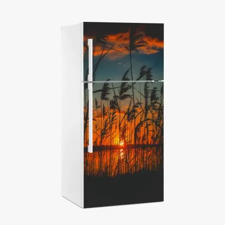 Pegatina para frigorífico atardecer entre juncos en el lago – Pixers®