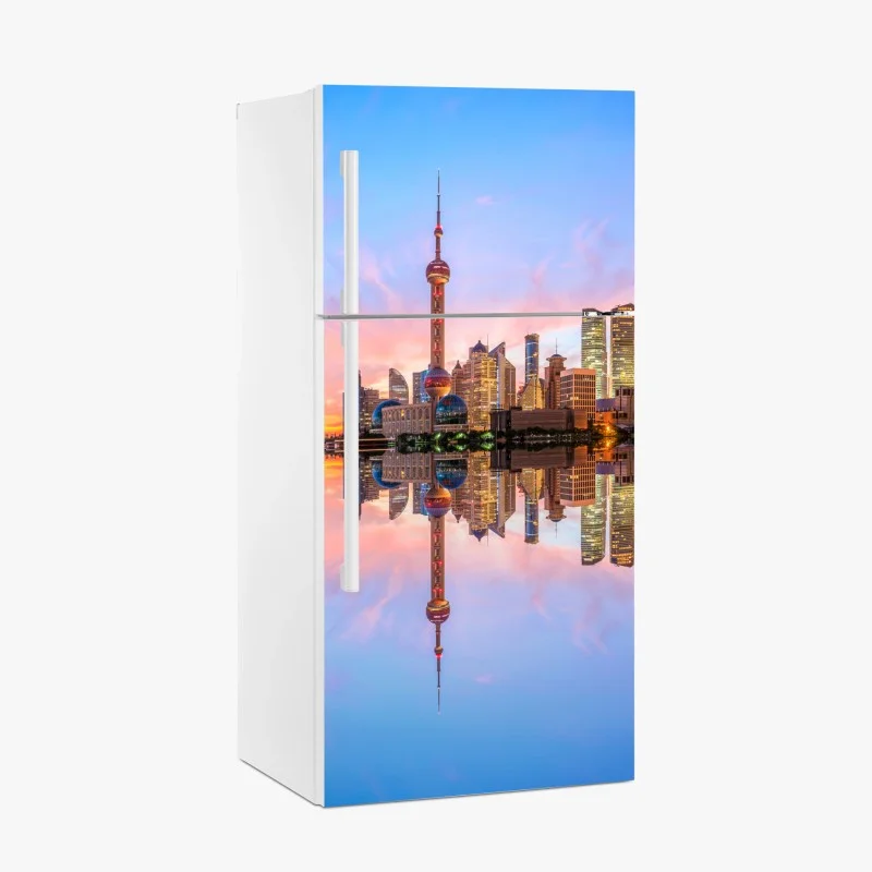 Pegatina para frigorífico amanecer en Shanghai: horizonte urbano reflejado