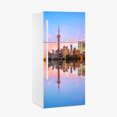 Pegatina para frigorífico amanecer en Shanghai: horizonte urbano reflejado – Pixers®
