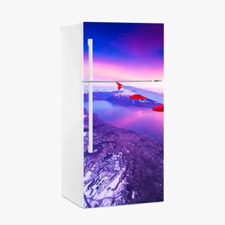 Pegatina para frigorífico amanecer púrpura sobre lago y montañas desde el avión – Pixers®
