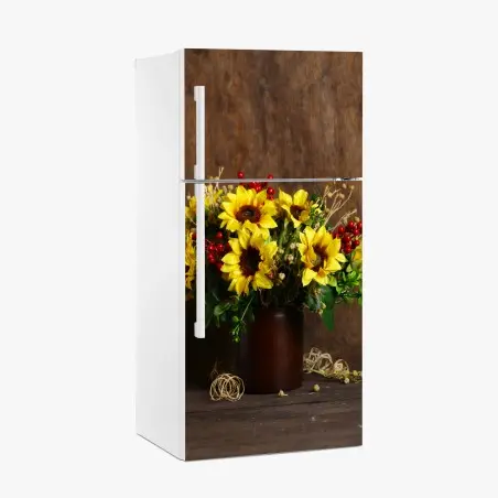 Pegatina para frigorífico ramo otoñal de girasoles sobre fondo de madera – Pixers®