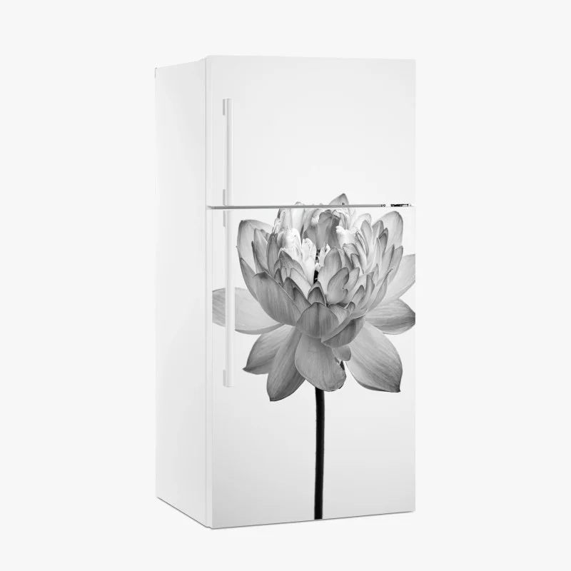 Pegatina para frigorífico loto en blanco y negro sobre fondo minimalista