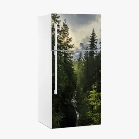Pegatina para frigorífico panorámica de bosque y cascada al amanecer – Pixers®