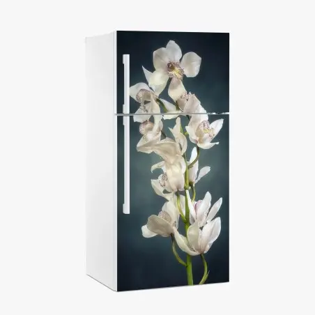 Pegatina para frigorífico orquídeas blancas sobre fondo oscuro – Pixers®