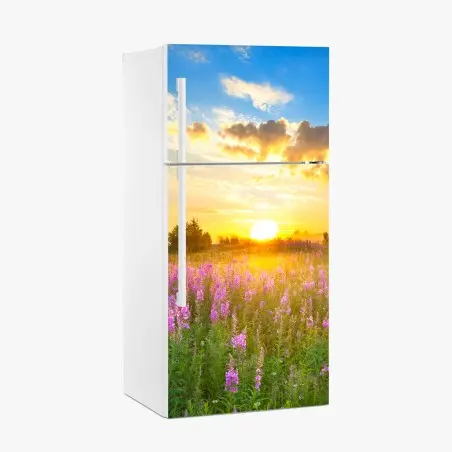 Pegatina para frigorífico amanecer en pradera florecida – Pixers®