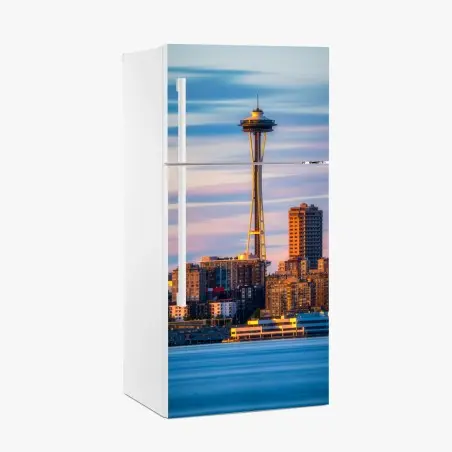 Pegatina para frigorífico atardecer en Seattle con Space Needle – Pixers®