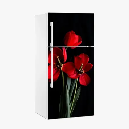 Pegatina para frigorífico arreglo de tulipanes rojos sobre fondo negro – Pixers®