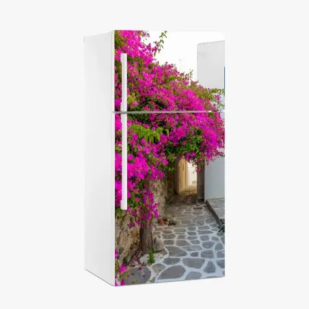 Pegatina para frigorífico callejón en Naousa, Paros con buganvillas fucsias – Pixers®