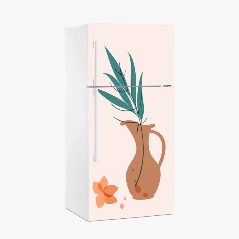 Pegatina para frigorífico jarrón terracota con hojas verdes y flor minimalista