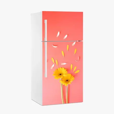 Pegatina para frigorífico gerberas amarillas sobre fondo coral minimalista – Pixers®