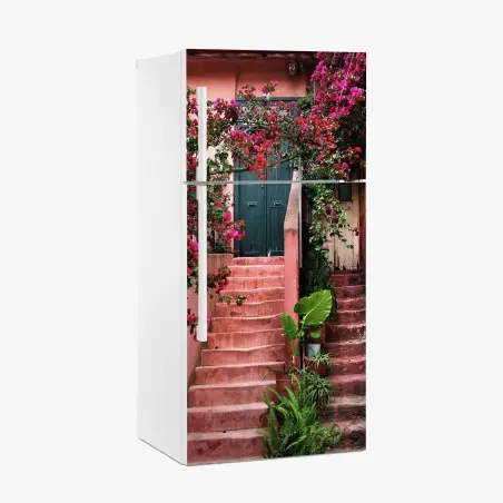 Pegatina para frigorífico escalera florida entre muros rosados – Pixers®