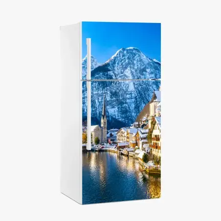 Pegatina para frigorífico paisaje invernal de Hallstatt junto al lago – Pixers®
