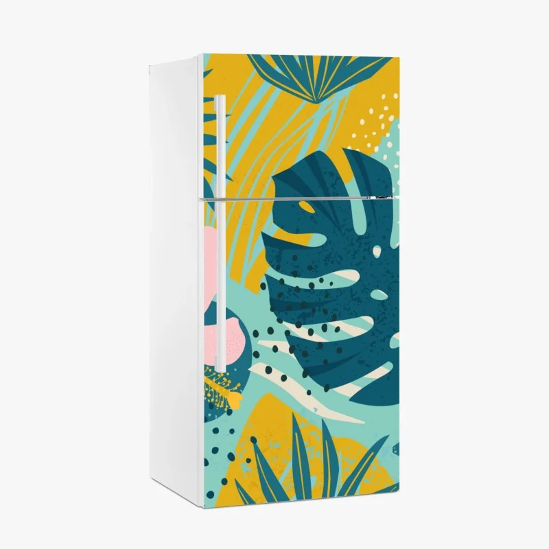 Pegatina para frigorífico diseño tropical moderno con hojas de monstera y hibisco