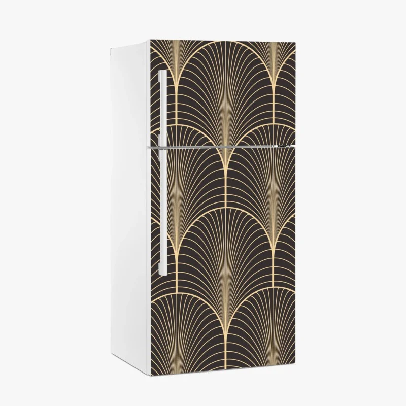 Pegatina para frigorífico patrón art déco dorado sobre fondo negro