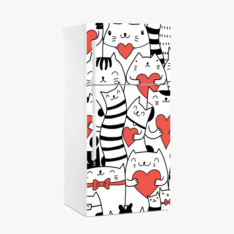 Pegatina para frigorífico patrón de gatos con corazones