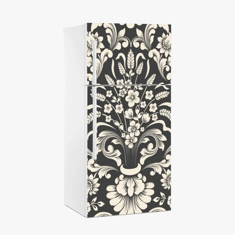 Pegatina para frigorífico motivo damasco floral en tonos crema y gris oscuro