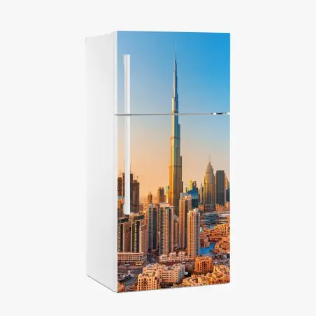 Pegatina para frigorífico amanecer sobre Dubai: horizonte icónico con Burj Khalifa – Pixers®