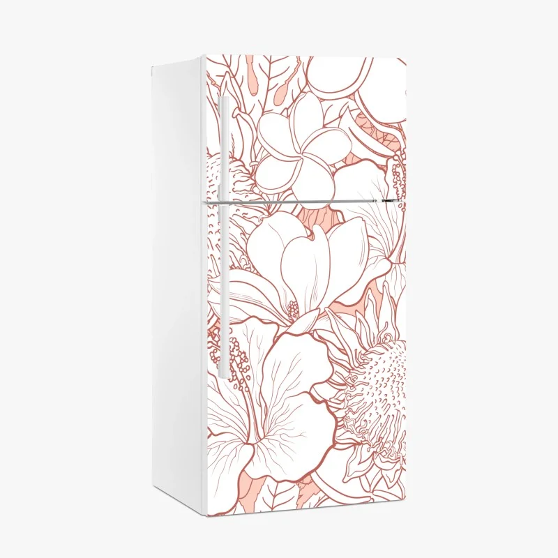 Pegatina para frigorífico patrón floral tropical en coral y blanco