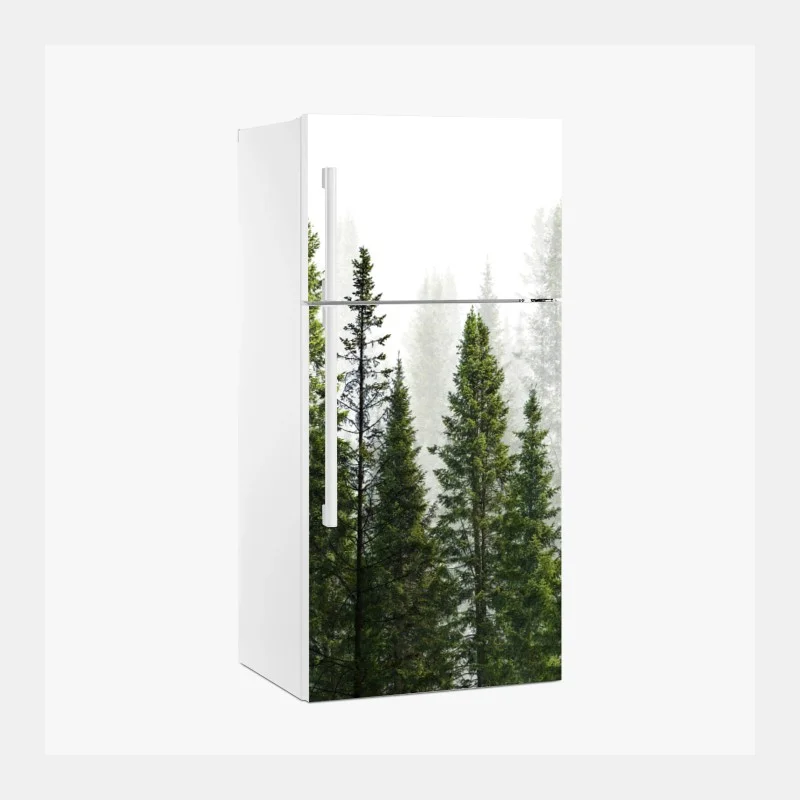 Pegatina para frigorífico bosque de abetos en niebla