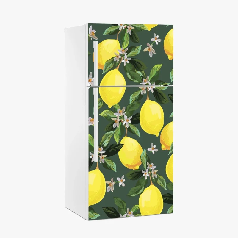 Pegatina para frigorífico estampado de limones y flores sobre fondo verde