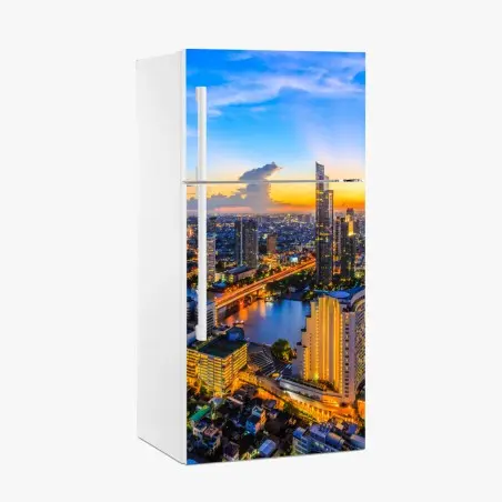 Pegatina para frigorífico atardecer urbano sobre el río iluminado – Pixers®