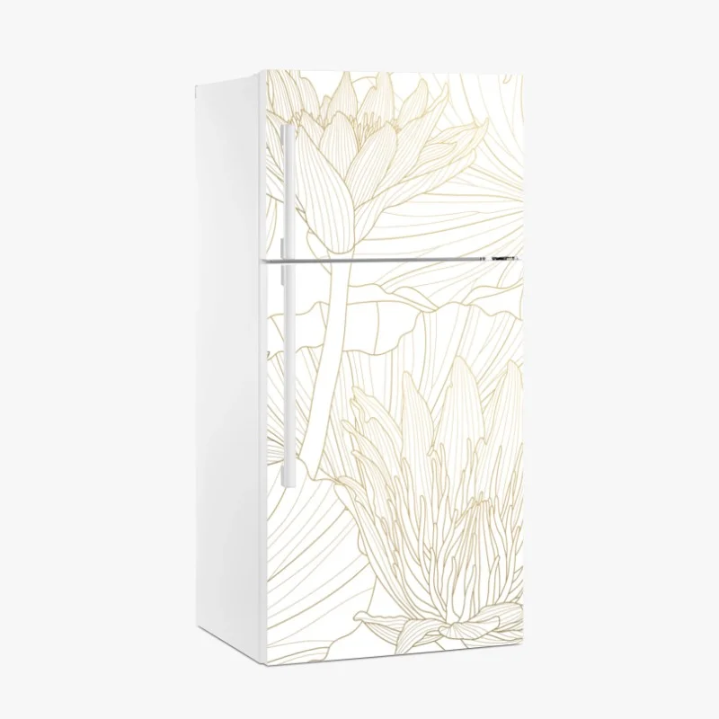 Pegatina para frigorífico patrón floral de lotos en líneas doradas