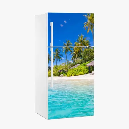 Pegatina para frigorífico escena de playa tropical con palmeras y aguas turquesa – Pixers®