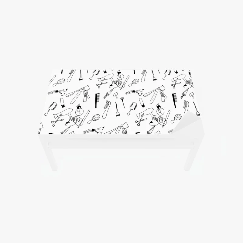 Chapa adhesiva para mesa y escritorio patrón de herramientas de peluquería en blanco y negro