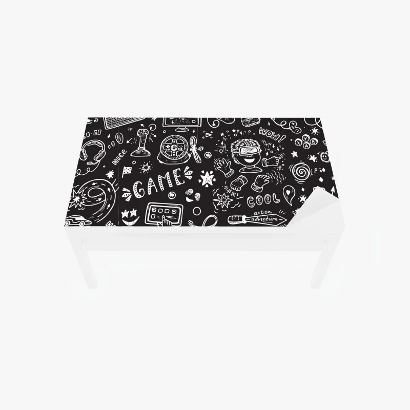 Chapa adhesiva para mesa y escritorio diseño doodle de videojuegos sobre fondo oscuro