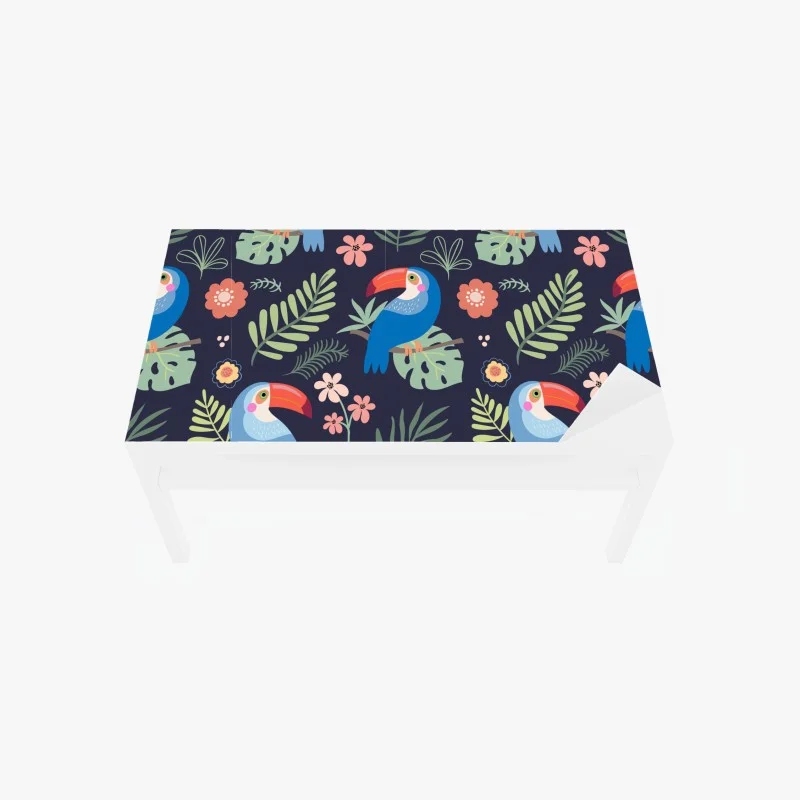 Chapa adhesiva para mesa y escritorio estampado tropical de tucanes y hojas