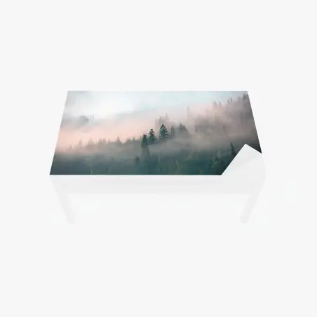 Chapa adhesiva para mesa y escritorio bosque envuelto en niebla al amanecer – Pixers®