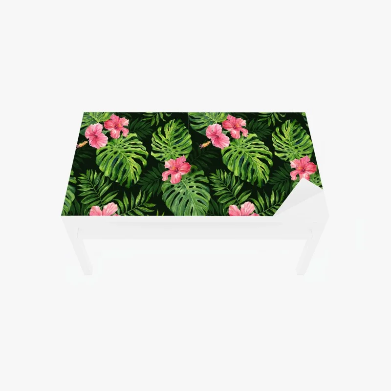 Chapa adhesiva para mesa y escritorio patrón tropical de hojas monstera y hibiscos rosas