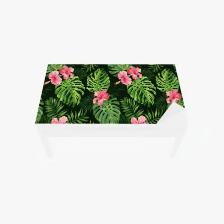 Chapa adhesiva para mesa y escritorio patrón tropical de hojas monstera y hibiscos rosas – Pixers®