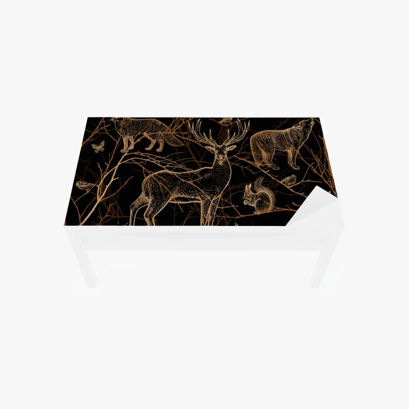 Chapa adhesiva para mesa y escritorio fauna del bosque en dorado sobre fondo negro