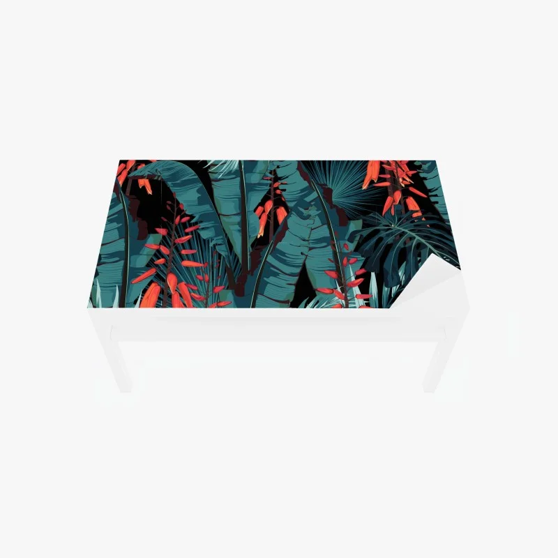Chapa adhesiva para mesa y escritorio follaje tropical azul con flores rojas