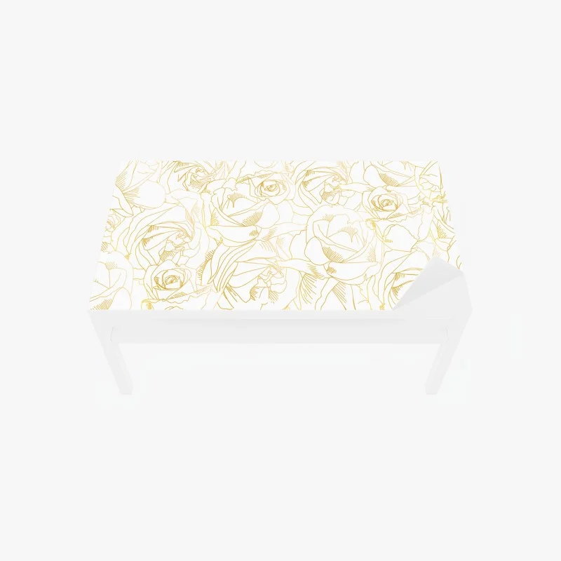 Chapa adhesiva para mesa y escritorio patrón de rosas doradas sobre fondo blanco