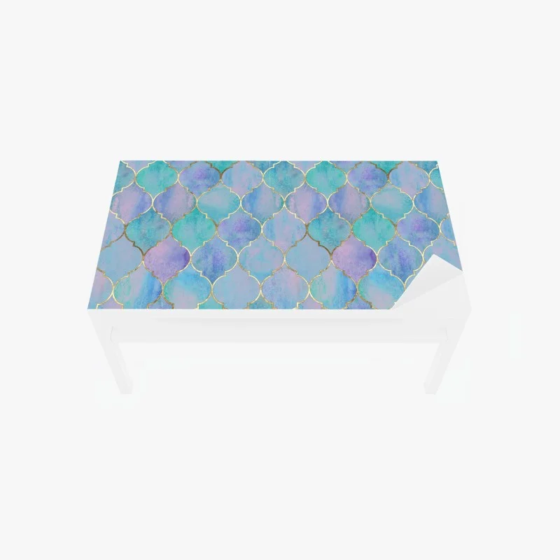 Chapa adhesiva para mesa y escritorio patrón marroquí en acuarela turquesa y lavanda con contornos dorados