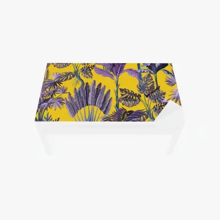 Chapa adhesiva para mesa y escritorio estampado tropical vintage en morado sobre fondo amarillo – Pixers®