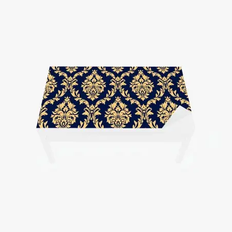 Chapa adhesiva para mesa y escritorio patrón damasco clásico en azul marino y dorado – Pixers®