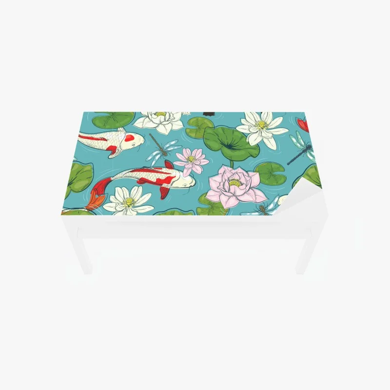 Chapa adhesiva para mesa y escritorio escena de carpas koi y flores de loto sobre estanque