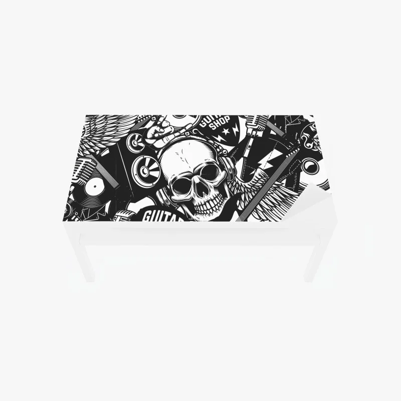 Chapa adhesiva para mesa y escritorio calavera rock y guitarras en diseño monocromo