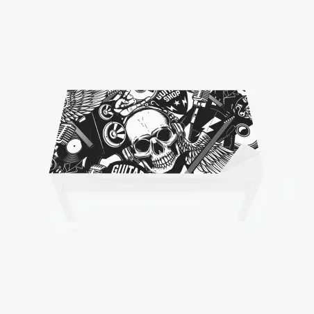 Chapa adhesiva para mesa y escritorio calavera rock y guitarras en diseño monocromo – Pixers®