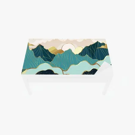 Chapa adhesiva para mesa y escritorio paisaje montañoso en tonos verde azulado y dorado – Pixers®