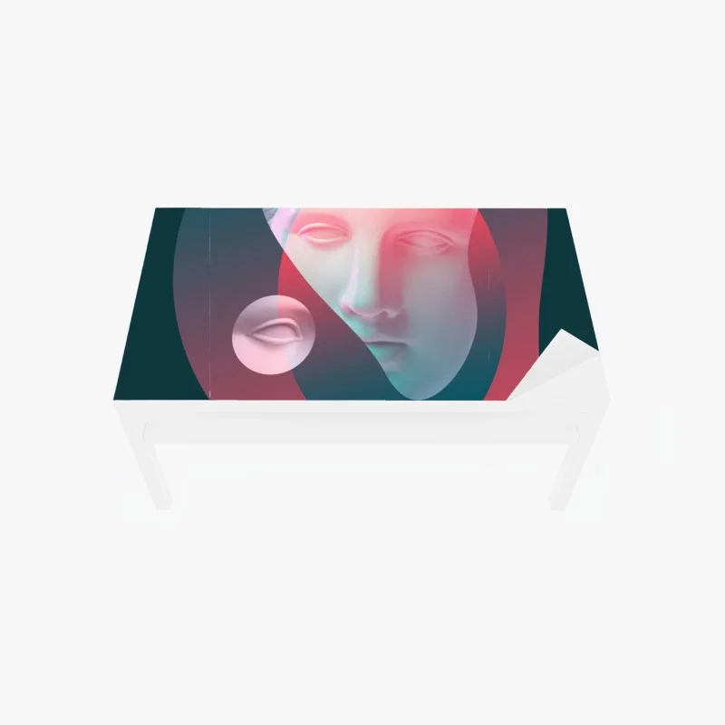 Chapa adhesiva para mesa y escritorio rostro clásico surrealista con formas abstractas y colores vibrantes