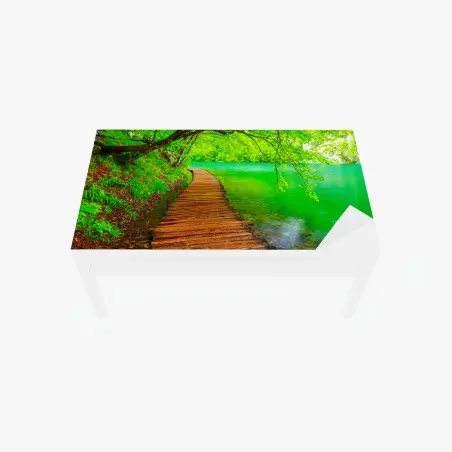 Chapa adhesiva para mesa y escritorio sendero de madera junto al lago en bosque verde – Pixers®
