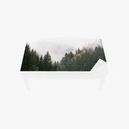 Chapa adhesiva para mesa y escritorio montañas y abetos envueltos en niebla – Pixers®