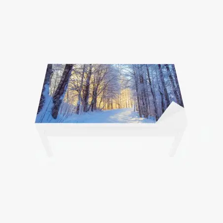 Chapa adhesiva para mesa y escritorio camino nevado al amanecer en el bosque – Pixers®