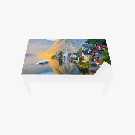 Chapa adhesiva para mesa y escritorio amanecer en Hallstatt: tranquila vista al lago – Pixers®