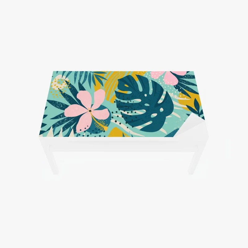 Chapa adhesiva para mesa y escritorio diseño tropical moderno con hojas de monstera y hibisco