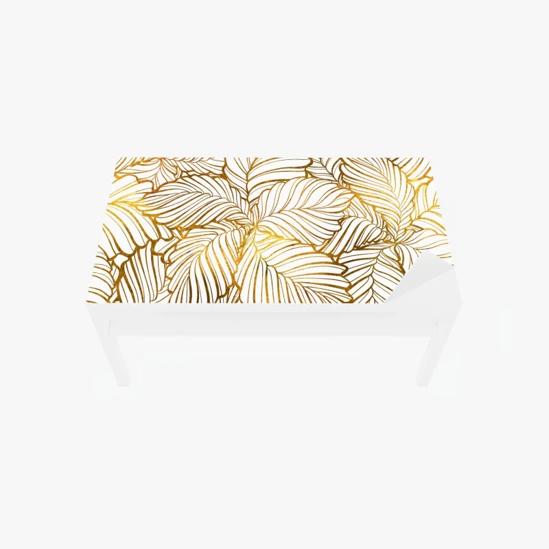 Chapa adhesiva para mesa y escritorio motivo de hojas doradas sobre fondo blanco